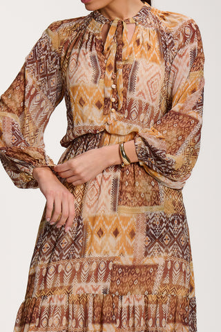 Long Sleeve Chiffon Tiered Maxi Dress, Orange Pattern