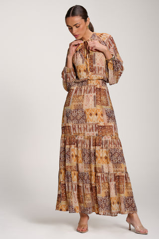 Long Sleeve Chiffon Tiered Maxi Dress, Orange Pattern