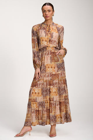 Long Sleeve Chiffon Tiered Maxi Dress, Orange Pattern