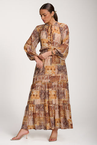 Long Sleeve Chiffon Tiered Maxi Dress, Orange Pattern