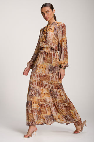 Long Sleeve Chiffon Tiered Maxi Dress, Orange Pattern