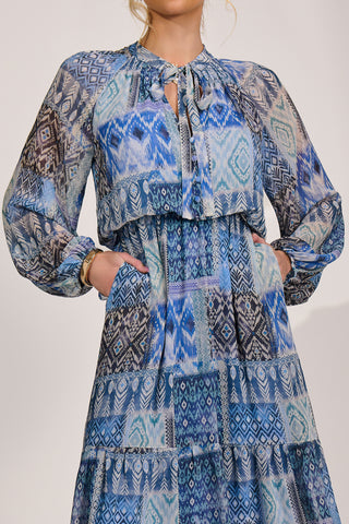 Long Sleeve Chiffon Tiered Maxi Dress, Blue Pattern