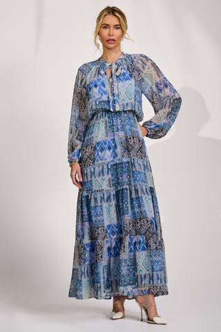 Long Sleeve Chiffon Tiered Maxi Dress, Blue Pattern
