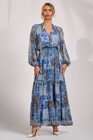 Long Sleeve Chiffon Tiered Maxi Dress, Blue Pattern