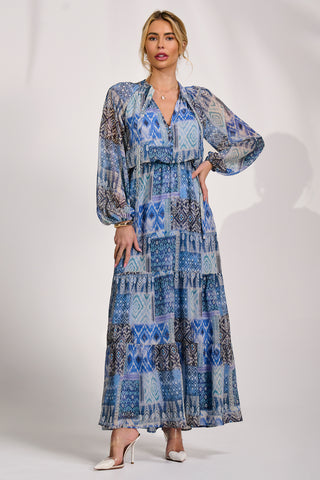 Long Sleeve Chiffon Tiered Maxi Dress, Blue Pattern