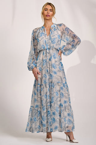 Long Sleeve Chiffon Tiered Maxi Dress, White Floral Jolie Moi Retail Long Sleeve Chiffon Tiered Maxi Dress, White Floral Jolie Moi Retail