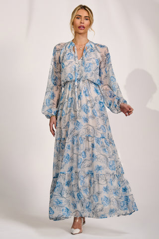 Long Sleeve Chiffon Tiered Maxi Dress, White Floral