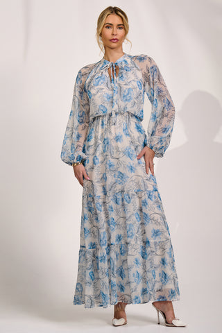 Long Sleeve Chiffon Tiered Maxi Dress, White Floral