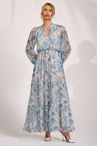 Long Sleeve Chiffon Tiered Maxi Dress, White Floral