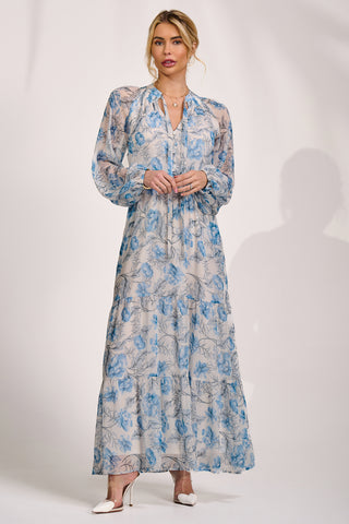 Long Sleeve Chiffon Tiered Maxi Dress, White Floral