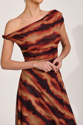 Mesh Asymmetrical Off-Shoulder Maxi Dress, Amber Haze