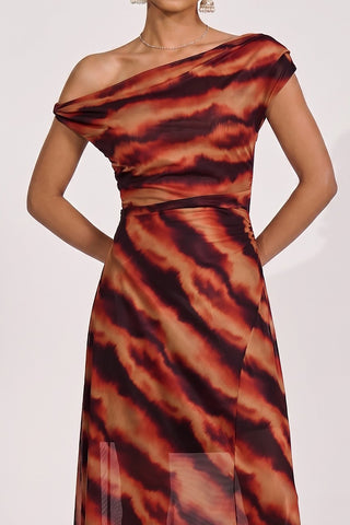 Mesh Asymmetrical Off-Shoulder Maxi Dress, Amber Haze