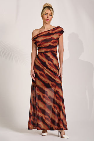 Mesh Asymmetrical Off-Shoulder Maxi Dress, Amber Haze