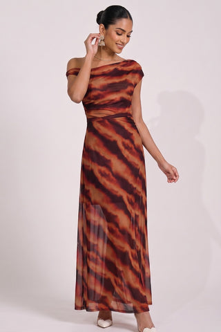 Mesh Asymmetrical Off-Shoulder Maxi Dress, Amber Haze