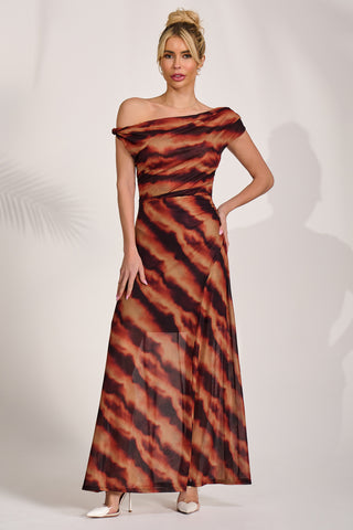 Mesh Asymmetrical Off-Shoulder Maxi Dress, Amber Haze