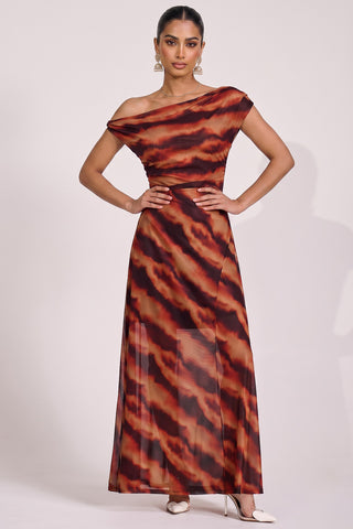 Mesh Asymmetrical Off-Shoulder Maxi Dress, Amber Haze