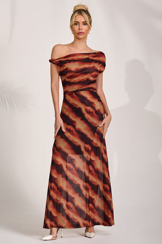 Mesh Asymmetrical Off-Shoulder Maxi Dress, Amber Haze