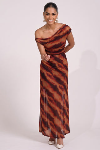 Mesh Asymmetrical Off-Shoulder Maxi Dress, Amber Haze