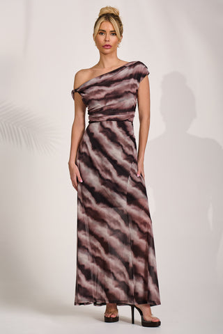 Mesh Asymmetrical Off-Shoulder Maxi Dress, Black Abstract