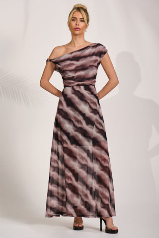 Mesh Asymmetrical Off-Shoulder Maxi Dress, Black Abstract