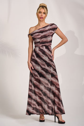 Mesh Asymmetrical Off-Shoulder Maxi Dress, Black Abstract