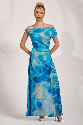 Mesh Asymmetrical Off-Shoulder Maxi Dress, Blue Abstract