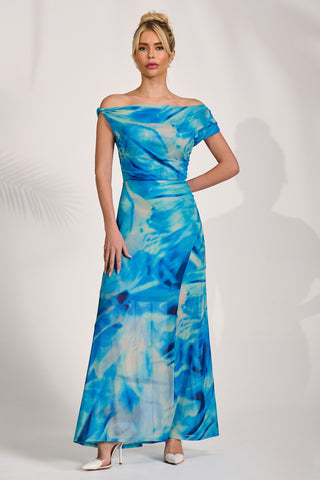 Mesh Asymmetrical Off-Shoulder Maxi Dress, Blue Abstract