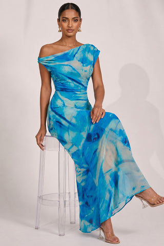 Mesh Asymmetrical Off-Shoulder Maxi Dress, Blue Abstract