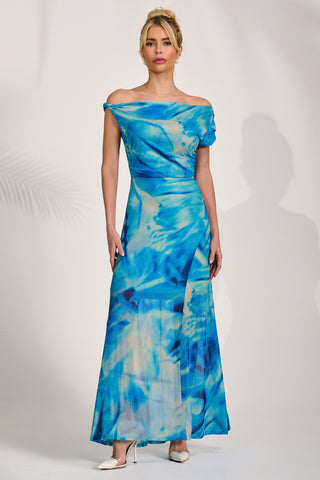 Mesh Asymmetrical Off-Shoulder Maxi Dress, Blue Abstract