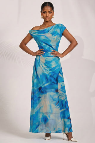 Mesh Asymmetrical Off-Shoulder Maxi Dress, Blue Abstract