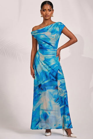 Mesh Asymmetrical Off-Shoulder Maxi Dress, Blue Abstract