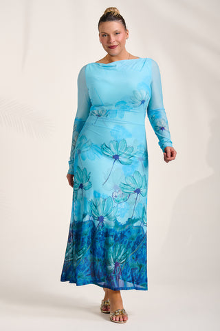 Long Sleeve Slash Neck Mesh Maxi Dress, Blue Floral