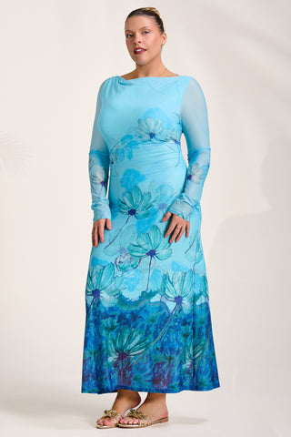 Long Sleeve Slash Neck Mesh Maxi Dress, Blue Floral