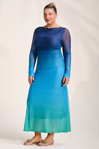 Long Sleeve Slash Neck Mesh Maxi Dress, Green Ombre Jolie Moi Retail Long Sleeve Slash Neck Mesh Maxi Dress, Green Ombre Jolie Moi Retail