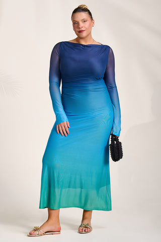 Long Sleeve Slash Neck Mesh Maxi Dress, Green Ombre Jolie Moi Retail Long Sleeve Slash Neck Mesh Maxi Dress, Green Ombre Jolie Moi Retail