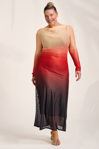 Long Sleeve Slash Neck Mesh Maxi Dress,Orange Ombre