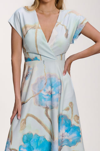Printed Scuba Dipped Hem Midi Dress, Blue Floral