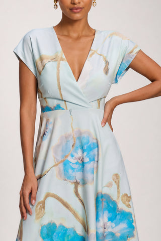 Printed Scuba Dipped Hem Midi Dress, Blue Floral