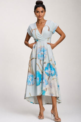Printed Scuba Dipped Hem Midi Dress, Blue Floral