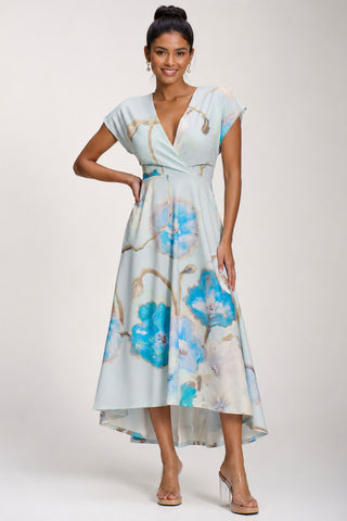Printed Scuba Dipped Hem Midi Dress, Blue Floral