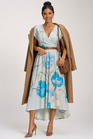 Printed Scuba Dipped Hem Midi Dress, Blue Floral
