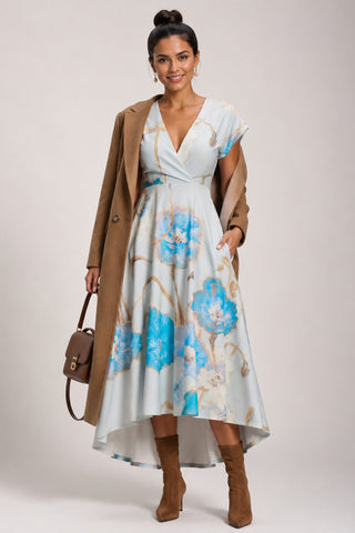 Printed Scuba Dipped Hem Midi Dress, Blue Floral