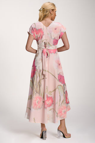 Printed Scuba Dipped Hem Midi Dress, Pink Floral
