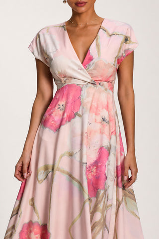 Printed Scuba Dipped Hem Midi Dress, Pink Floral