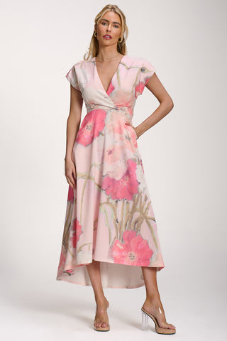 Printed Scuba Dipped Hem Midi Dress, Pink Floral