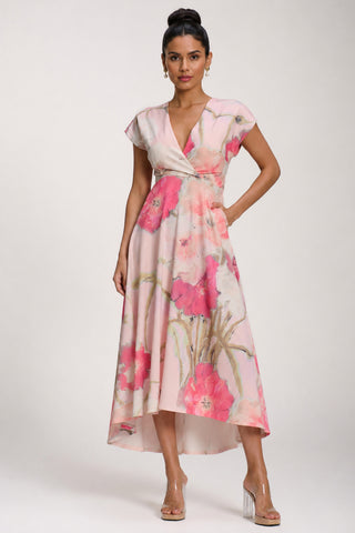 Printed Scuba Dipped Hem Midi Dress, Pink Floral