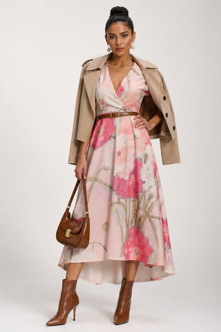 Printed Scuba Dipped Hem Midi Dress, Pink Floral