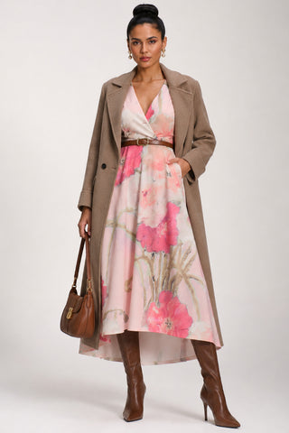 Printed Scuba Dipped Hem Midi Dress, Pink Floral