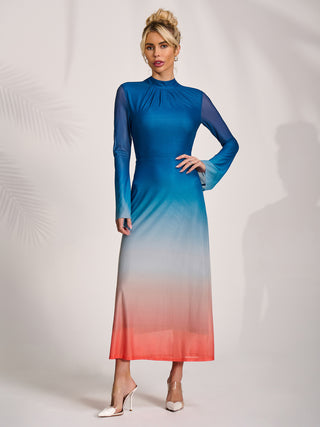 Long Sleeve High Neck Mesh Dress, Orange Multi