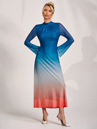 Long Sleeve High Neck Mesh Dress, Orange Multi